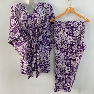 Purple shade White Flower Bunch Print Cotton Maternity Kaftan Co-Ord Set
