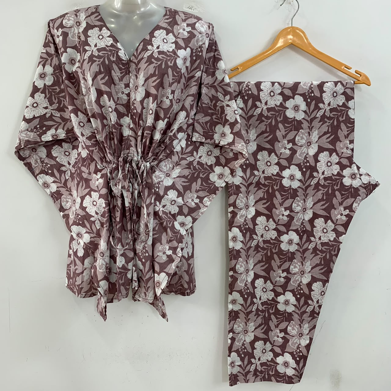 Slate Brown shade Flax Flower Print Cotton Maternity Kaftan Co-Ord Set