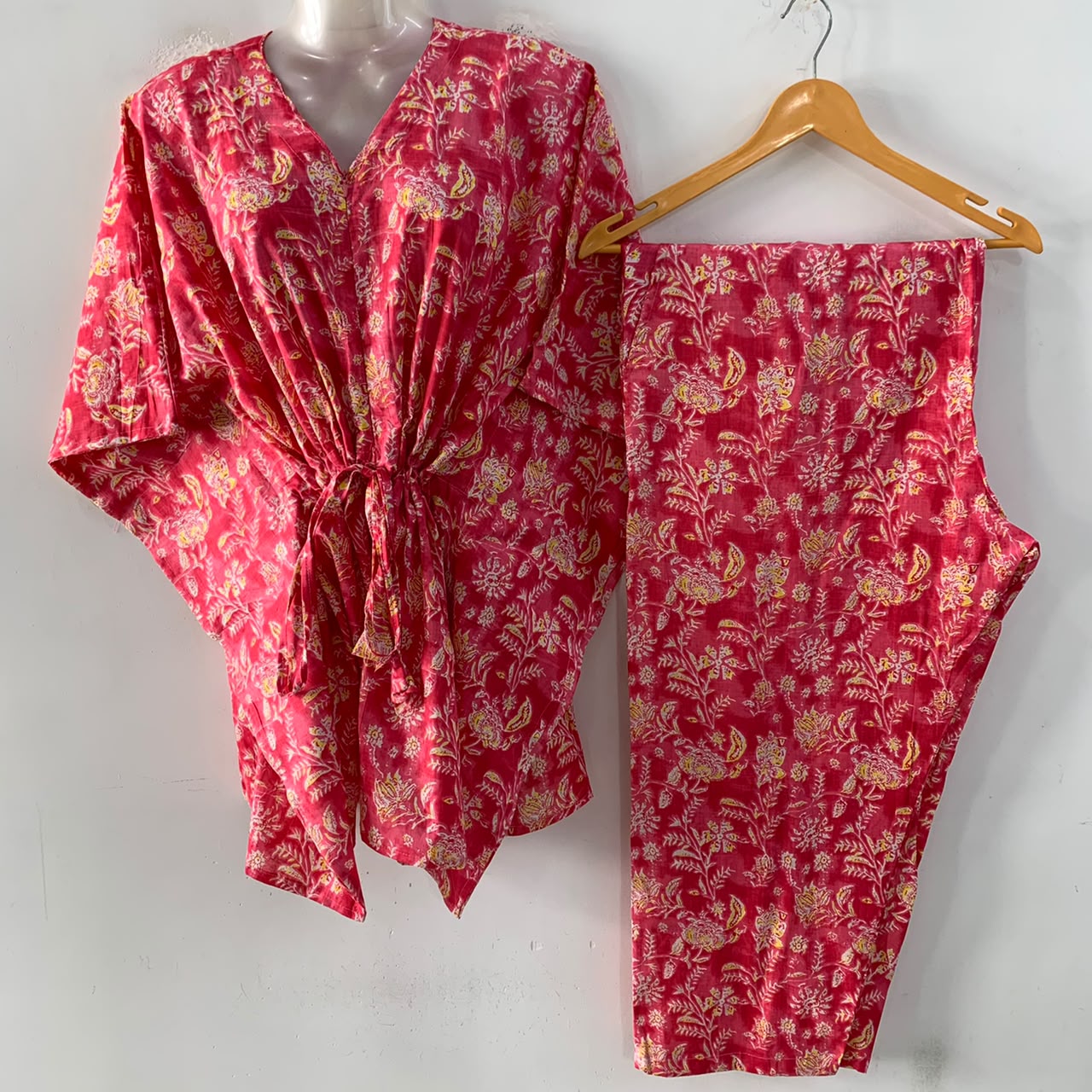 Pink Shaded Yellow Flower Jungle Print Cotton Maternity Kaftan Co-Ord Set