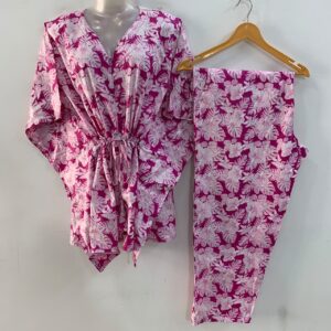 Pink shade White Hibiscus Leafy Print Cotton Maternity Kaftan Co-Ord Set