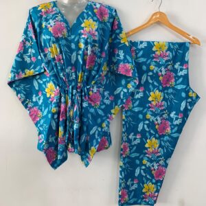 Blue shade Yellow-Pink Morning Glory  Print Cotton Maternity Kaftan Co-Ord Set