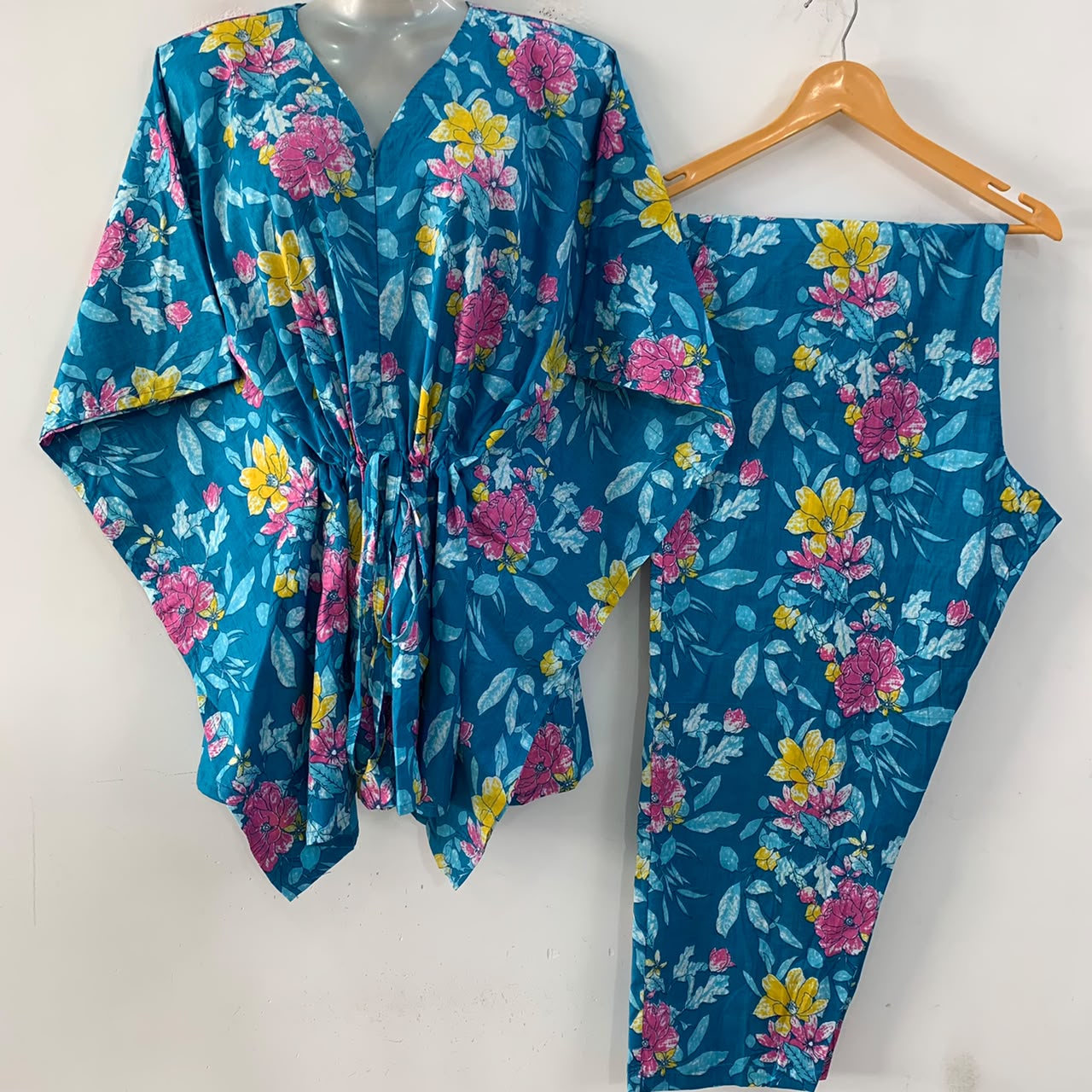 Blue shade Yellow-Pink Morning Glory Print Cotton Maternity Kaftan Co-Ord Set