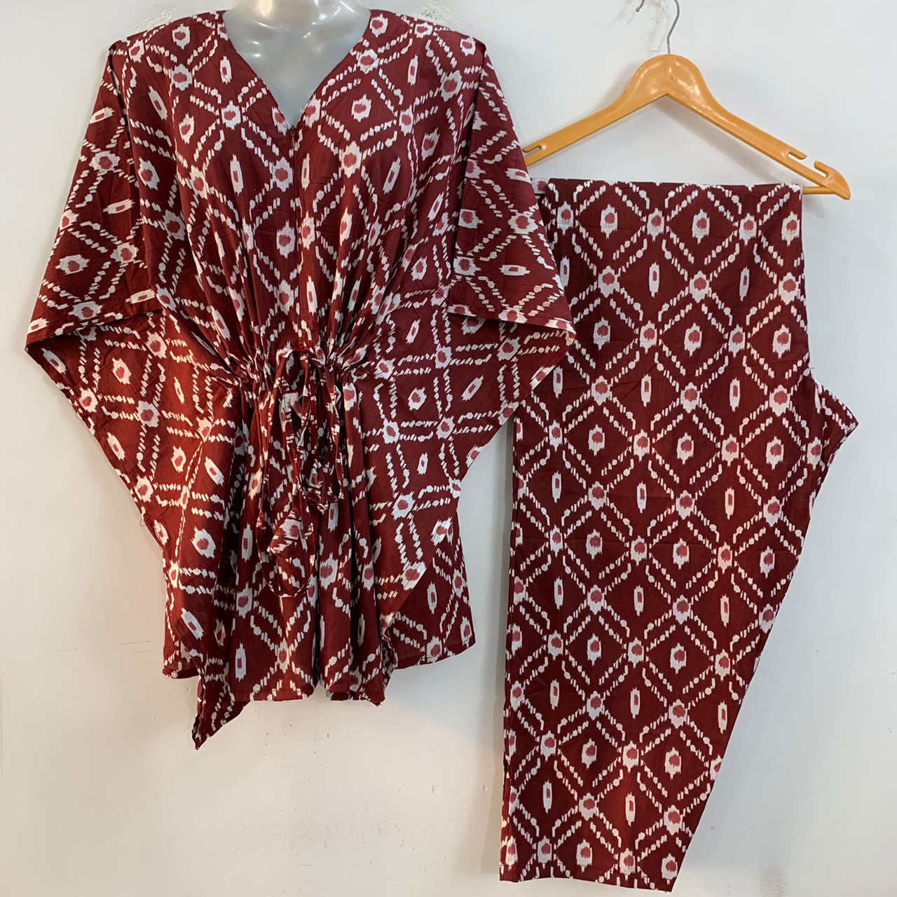 Brick Red shade Criss Cross Ikkat Print Cotton Maternity Kaftan Co-Ord Set