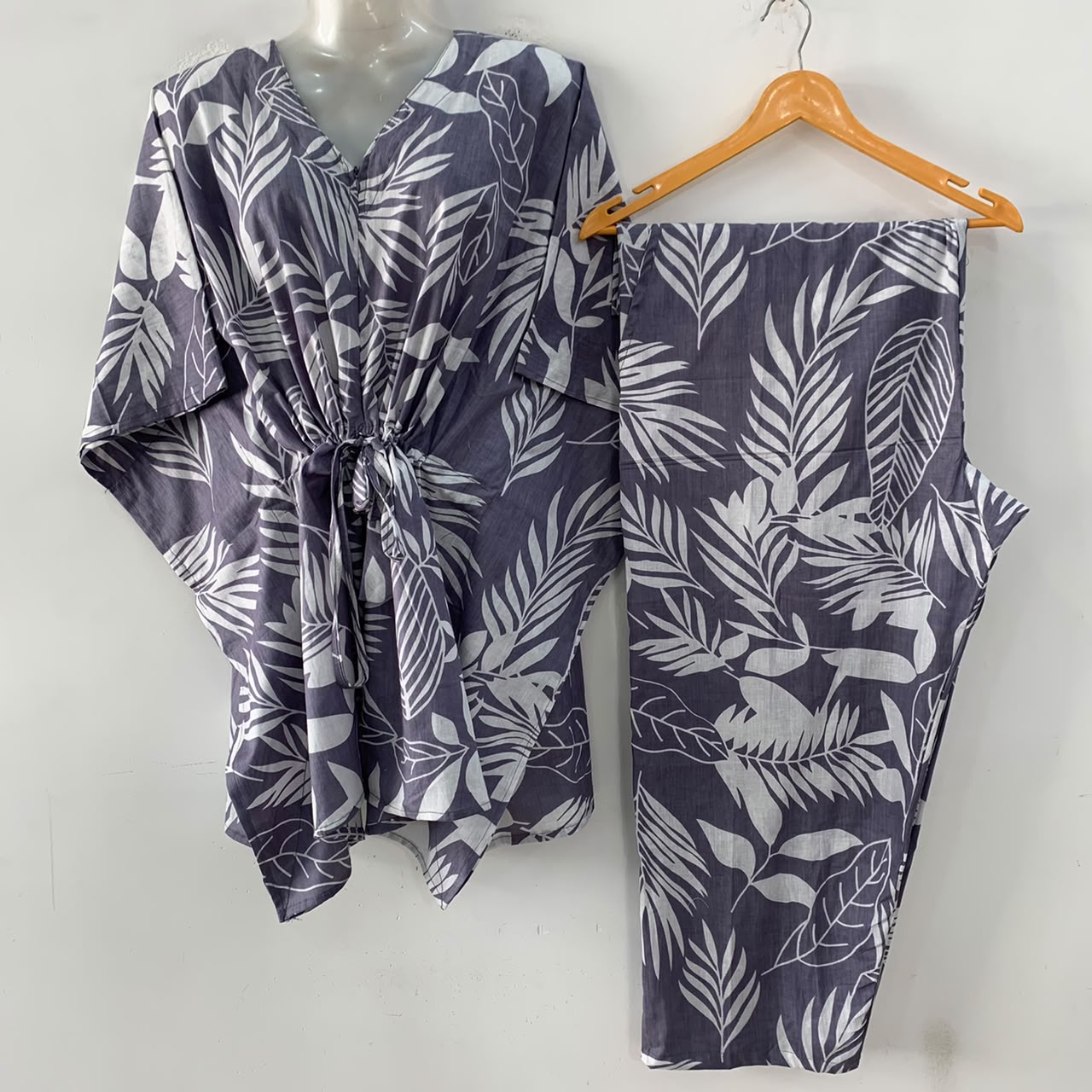 Grey Shade Big White Leafy Print Cotton Maternity Kaftan Co-Ord Set