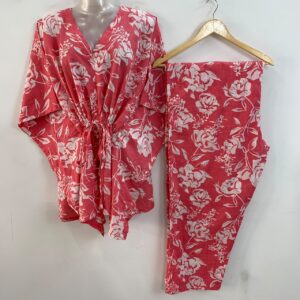 Peach Shade White Rose Print Cotton Maternity Kaftan Co-Ord Set