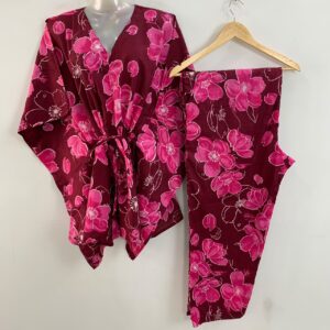 Maroon Shade Pink Glowy Flower Print Cotton Maternity Kaftan Co-Ord Set