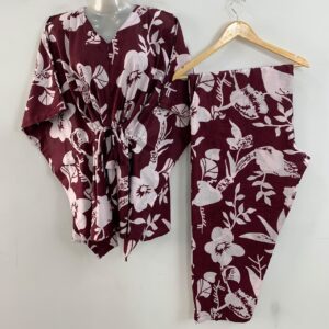 Plum Shade Pansy Flower Print Cotton Maternity Kaftan Co-Ord Set