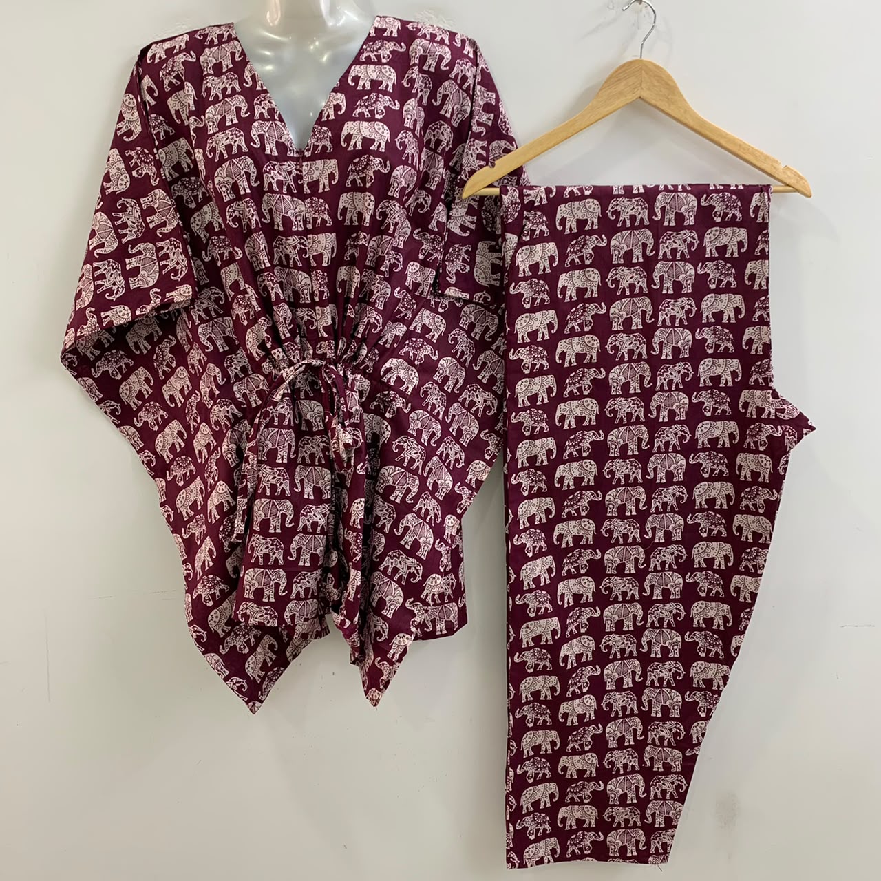Plum Shade Boho Elephant Print Cotton Maternity Kaftan Co-Ord Set