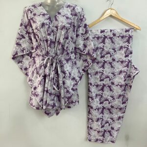 Purple Shade White Hibiscus Leafy Print Cotton Maternity Kaftan Co-Ord Set