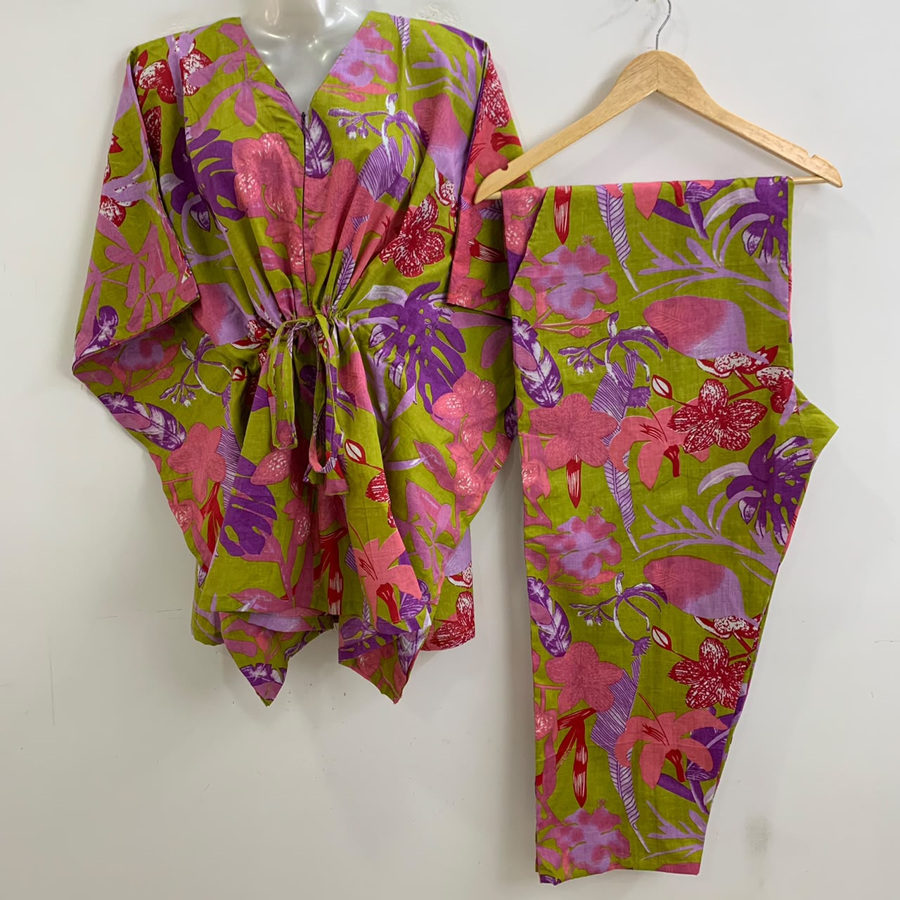 Green Shade Purple Monstera Leafy Print Cotton Maternity Kaftan Co-Ord Set