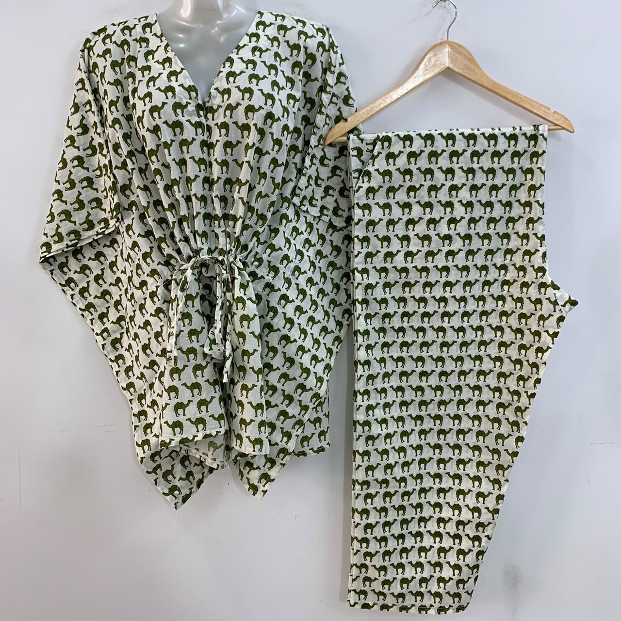White Shade Green Camel Print Cotton Maternity Kaftan Co-Ord Set