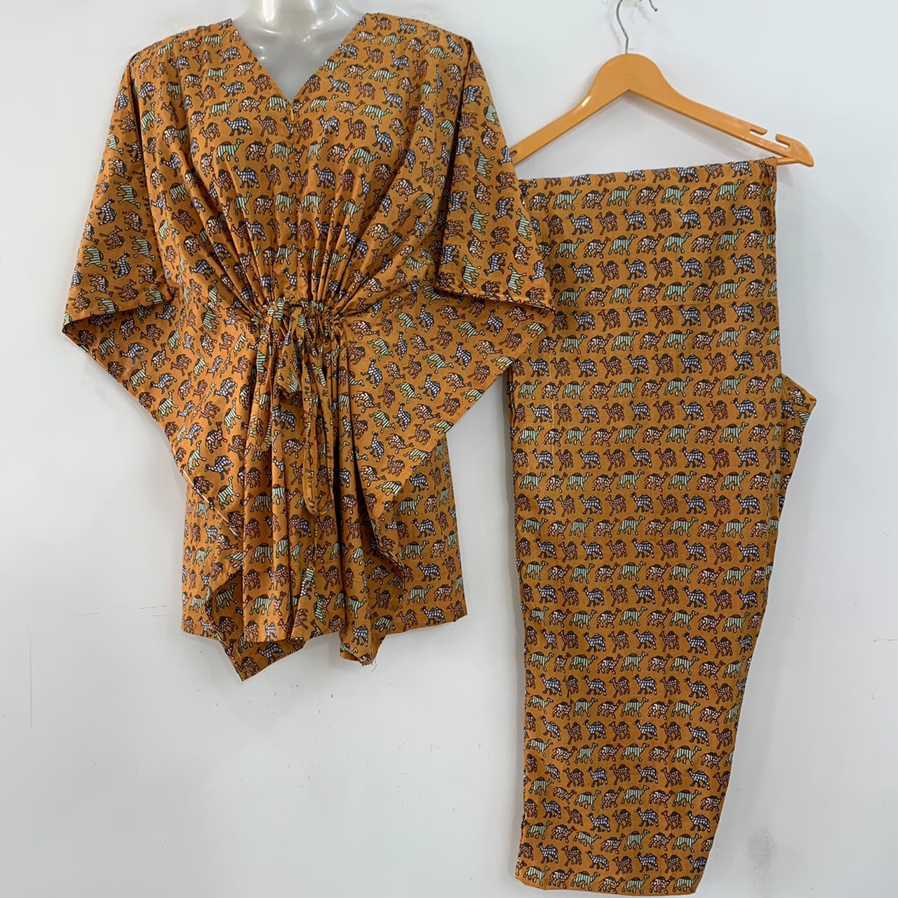 Mustard Yellow Shade Stripe Camel Print Cotton Maternity Kaftan Co-Ord Set