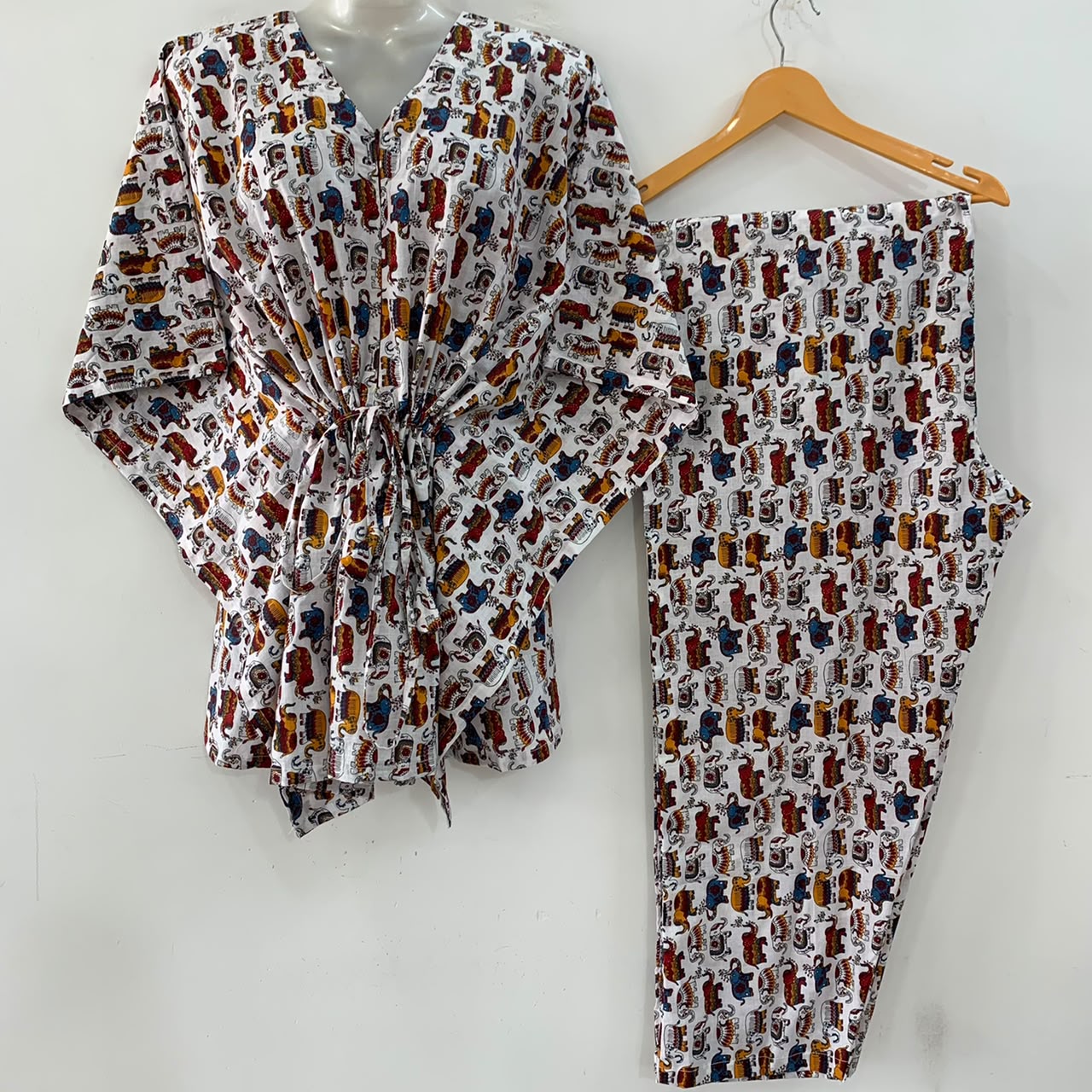 Red-Yellow Ethnic Elephant Outliner Print Cotton Maternity Kaftan Co-Ord Set