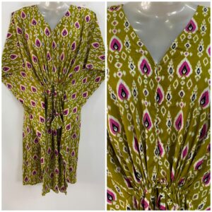Olive Green shade Pink Petal Ikkat Print Mid-Length Cotton Maternity Kaftan Dress