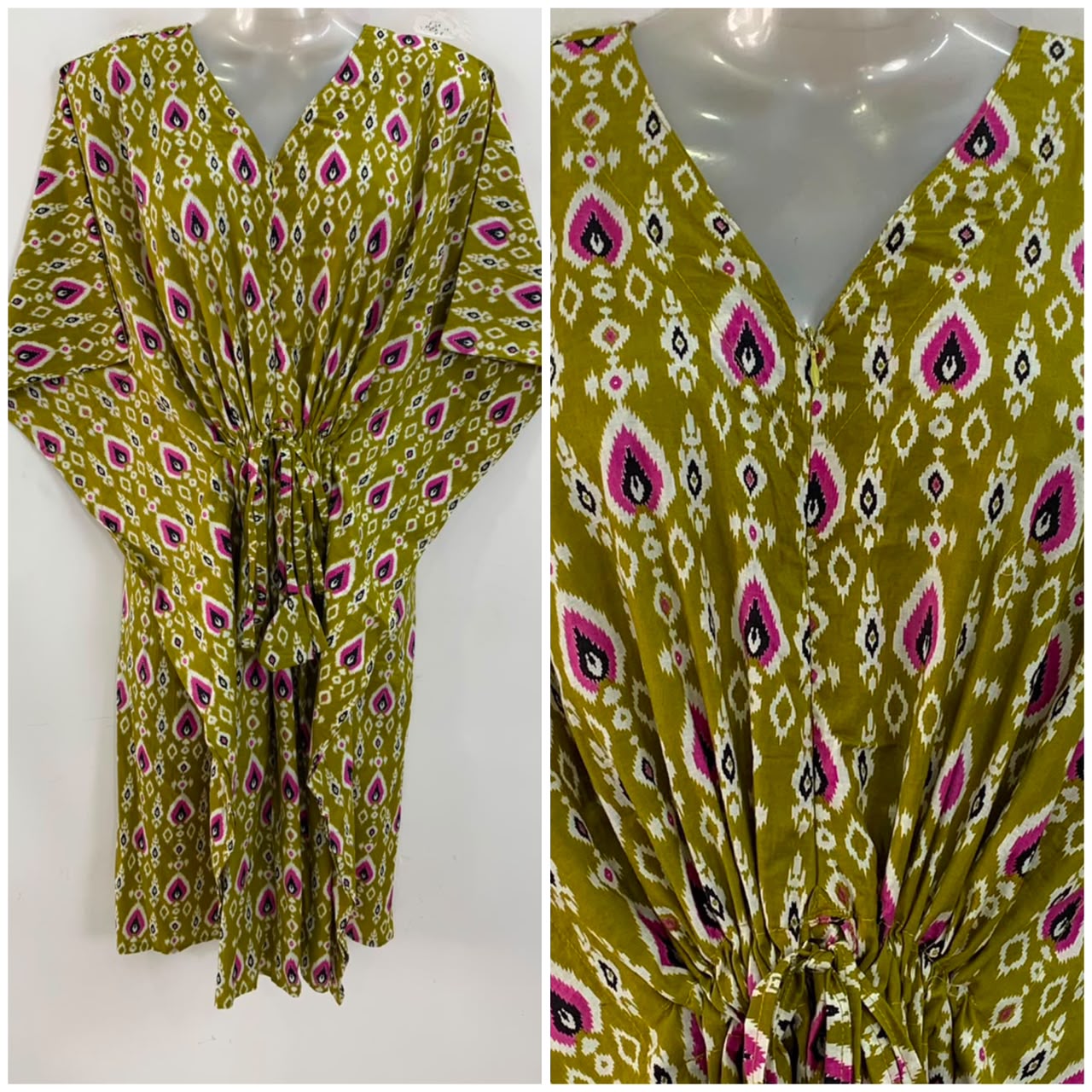 Olive Green shade Pink Petal Ikkat Print Mid-Length Cotton Maternity Kaftan Dress