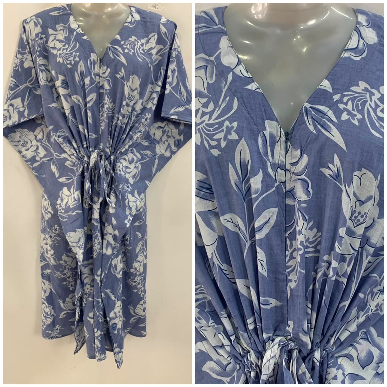 Slate Blue shade White Rose Flower Print Mid-Length Cotton Maternity Kaftan Dress