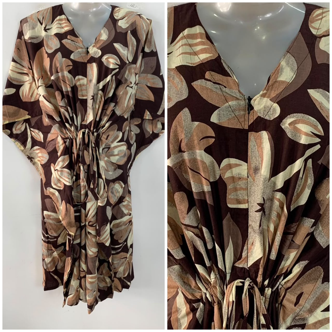 Dark Brown shade Painted Flower Print Mid-Length Cotton Maternity Kaftan Dress