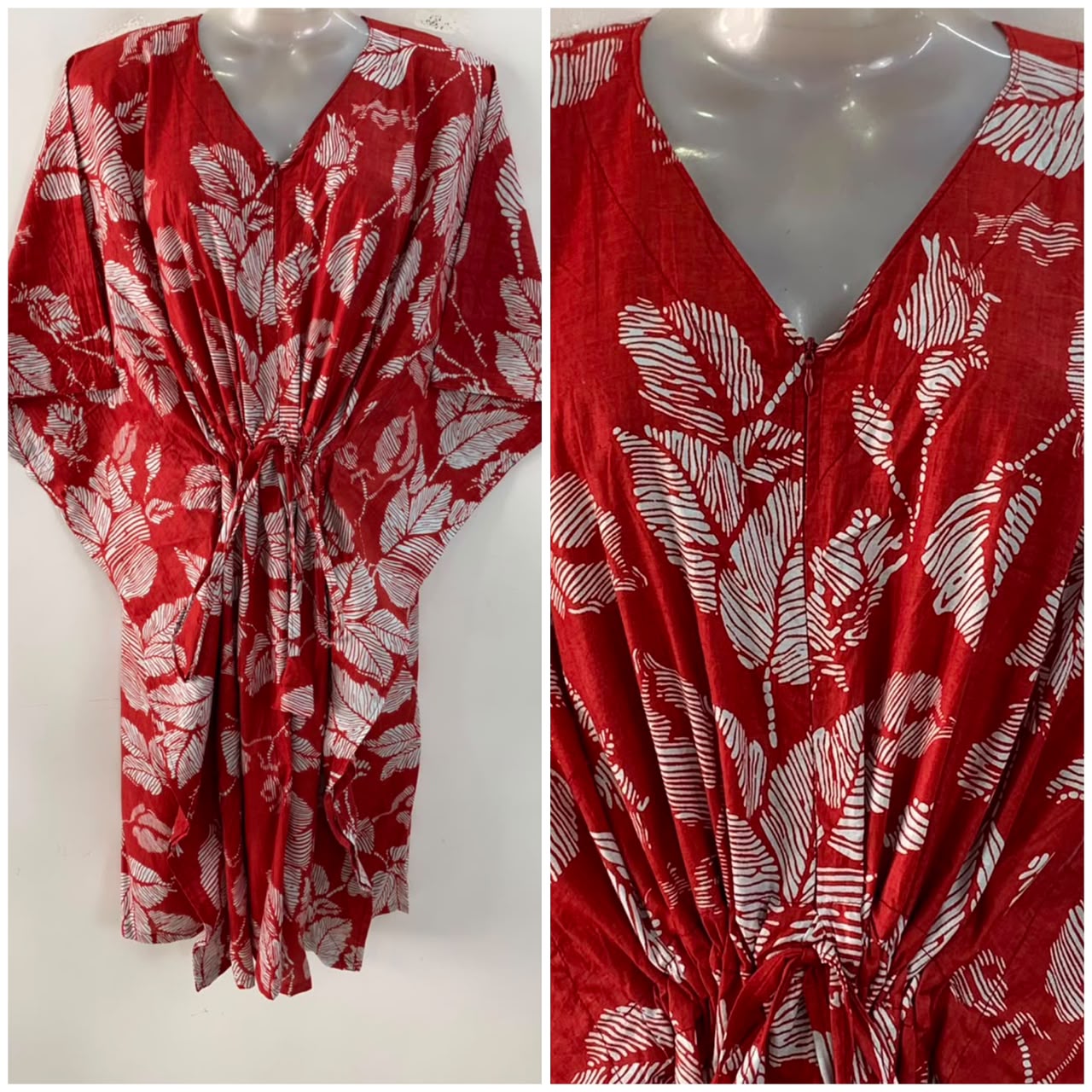 Red Shade Digital Leafy Print Mid-Length Cotton Maternity Kaftan Dress