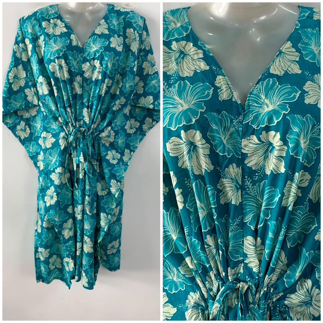 Blue shade Hibiscus Flower Print Mid-Length Cotton Maternity Kaftan Dress