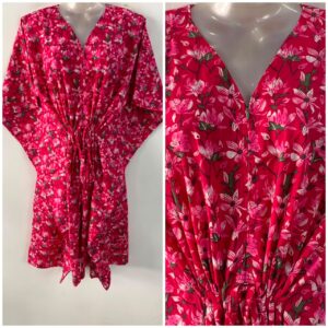 Pink shade Pink Jasmine Flower Print Mid-Length Cotton Maternity Kaftan Dress