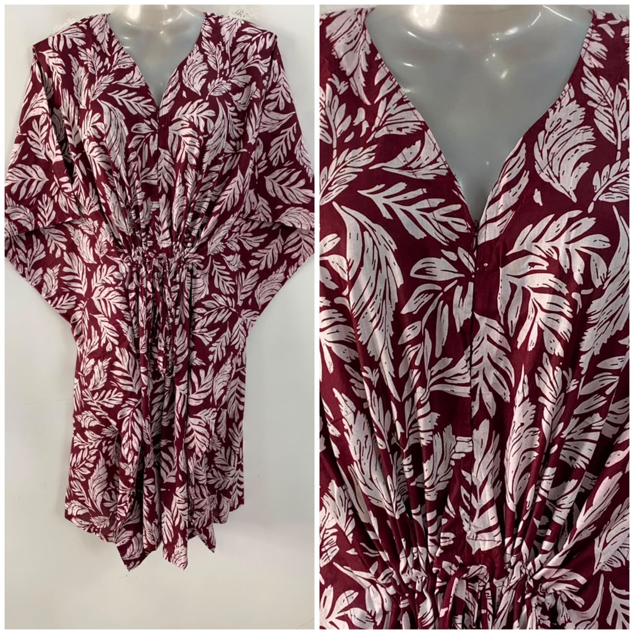 Plum Shade White Pine Leafy Print Mid-Length Cotton Maternity Kaftan Dress