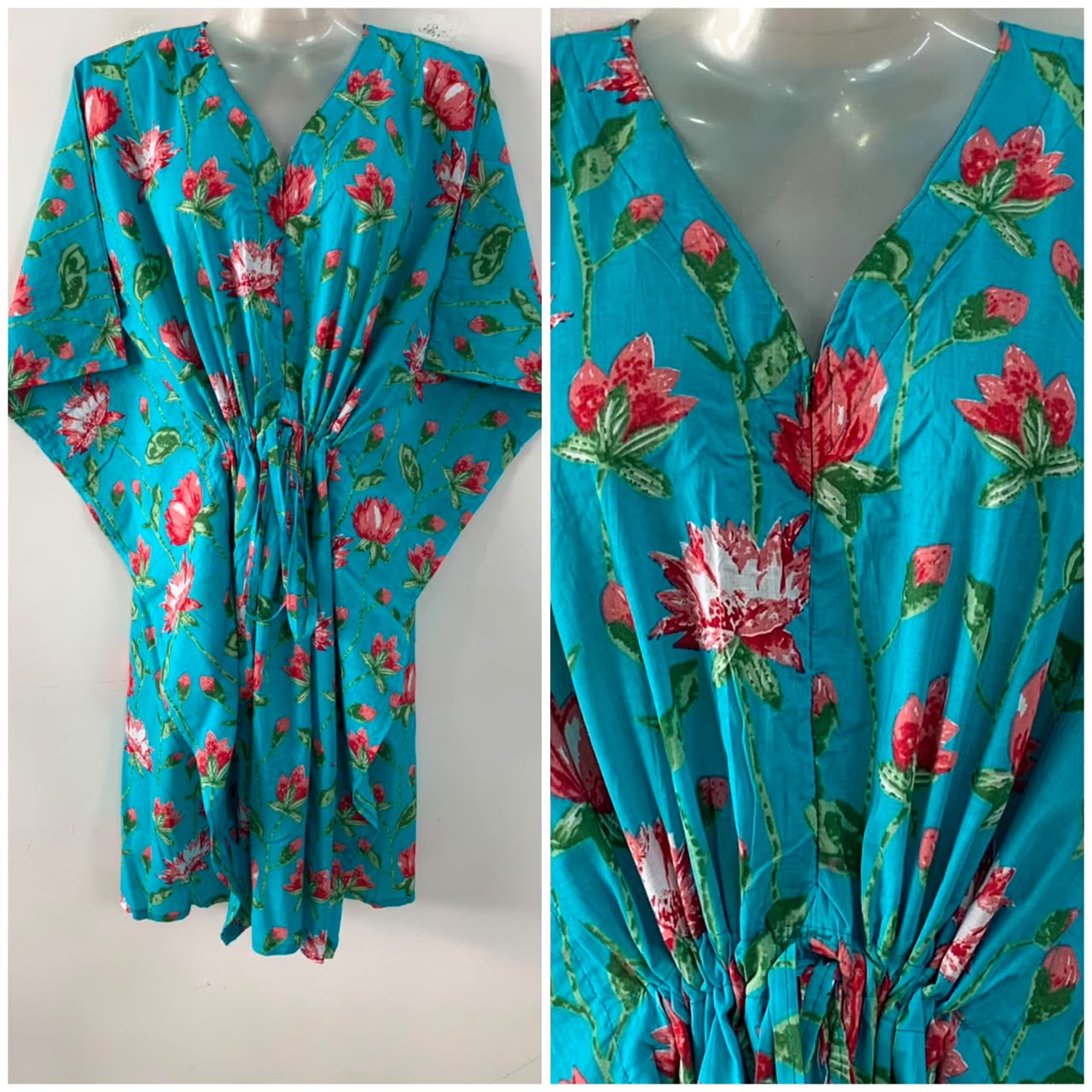 Blue shade Pink Lotus Flower Print Mid-Length Cotton Maternity Kaftan Dress