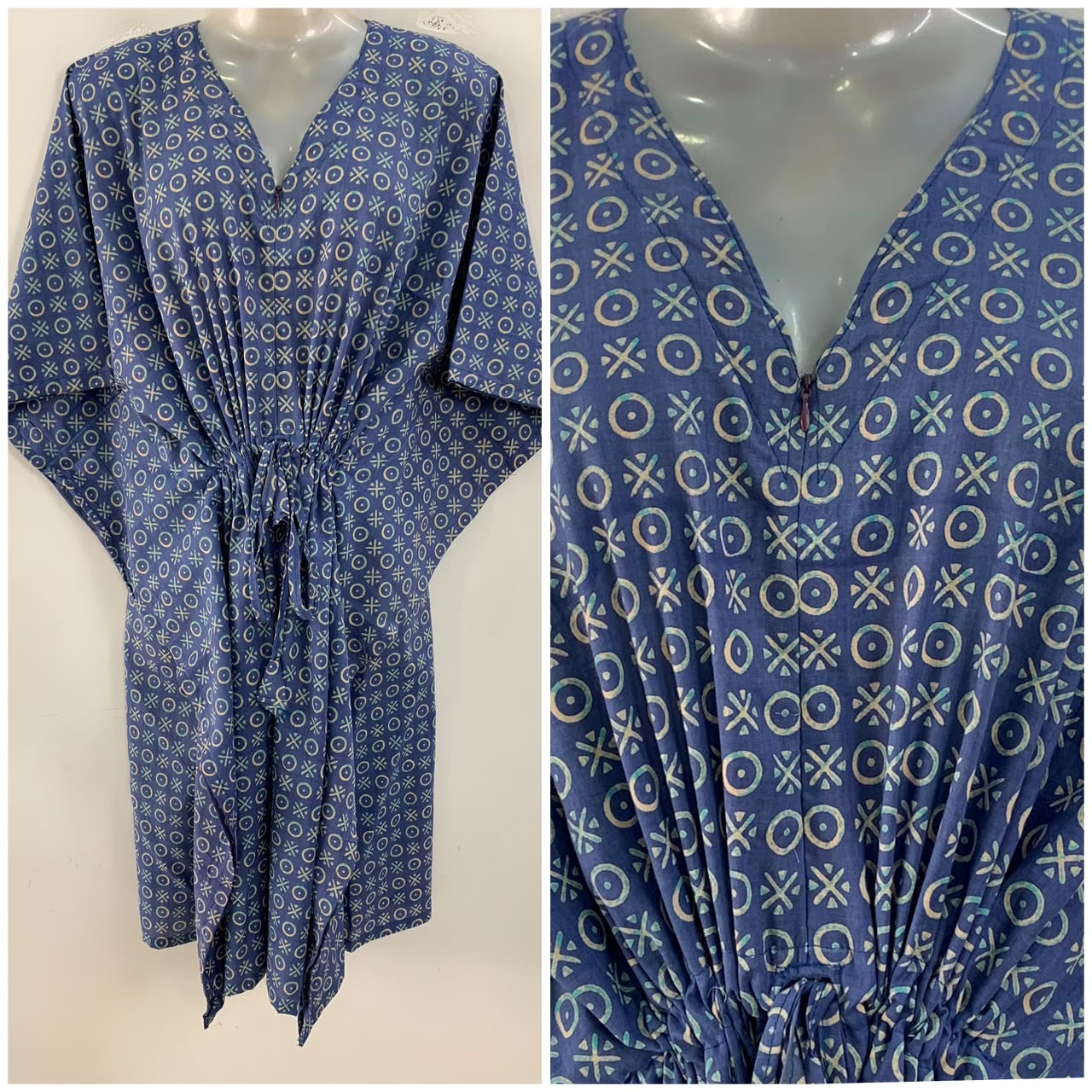Rin Blue shade Cross-Circle Geometric Print Mid-Length Cotton Maternity Kaftan Dress