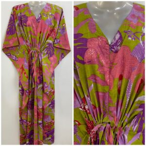 Fresh Green shade Purple Monstera leafy Print Cotton Maternity Nursing Kaftan