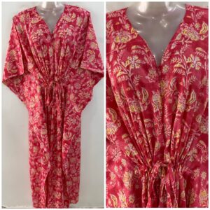 Pink Shaded Yellow Flower Jungle Print Cotton Maternity Nursing Kaftan
