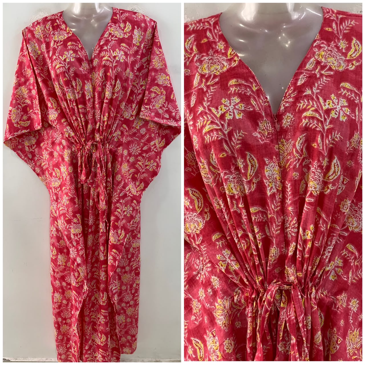 Pink Shaded Yellow Flower Jungle Print Cotton Maternity Nursing Kaftan
