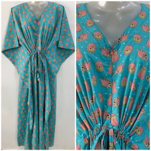 Blue shade Pink Puppy Print Cotton Maternity Nursing Kaftan