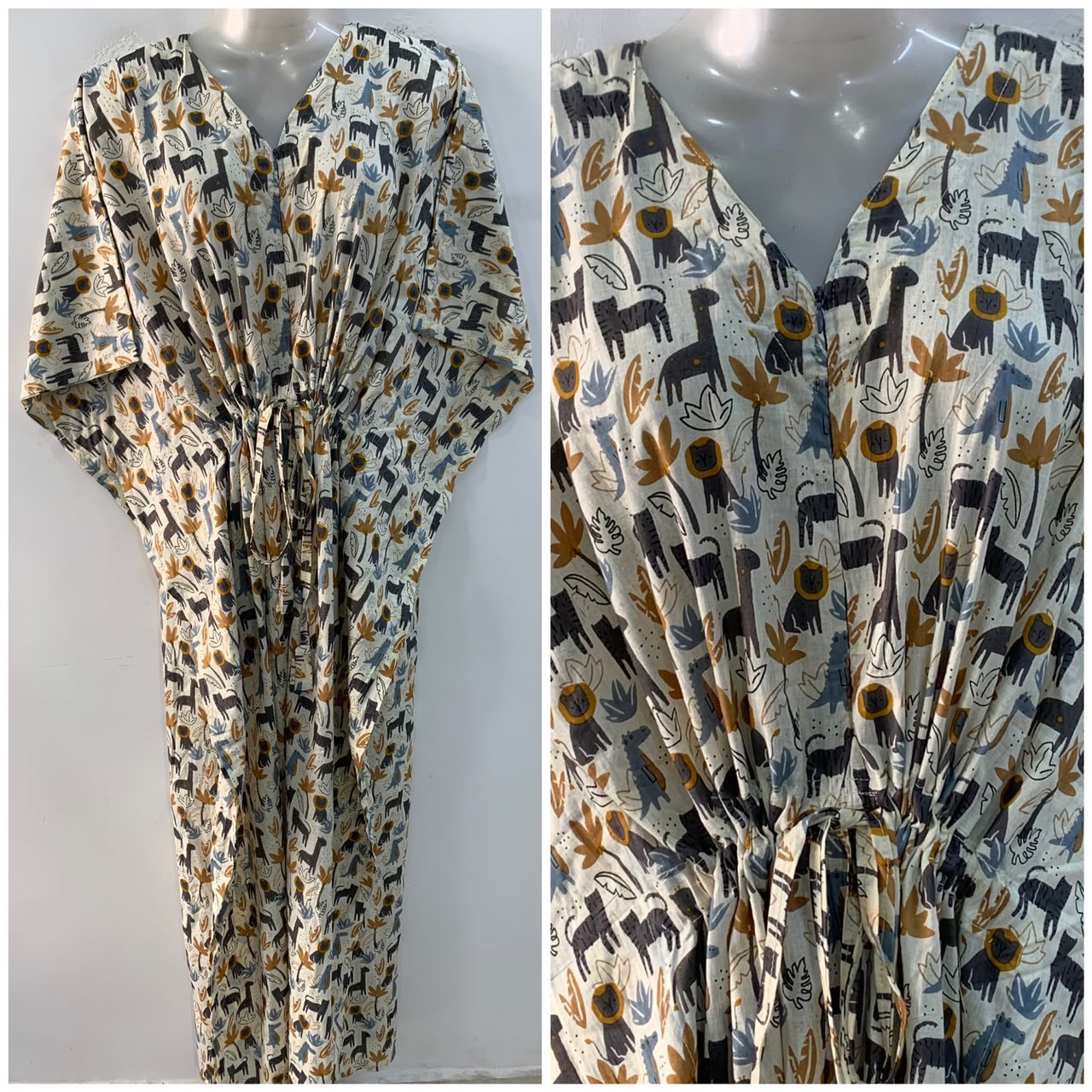 Off White shade Grey-Black Animal Print Cotton Maternity Nursing Kaftan