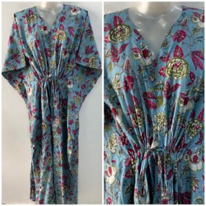 Light Blue Shade Green Marigold Print Cotton Maternity Nursing Kaftan