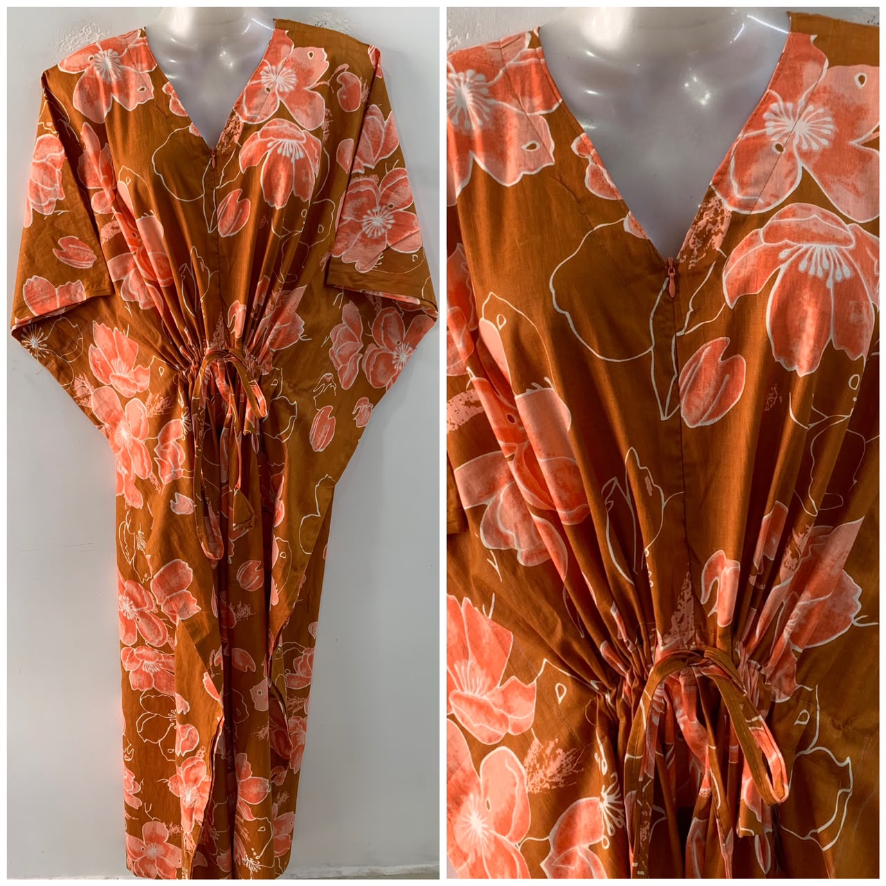 Mustard Brown shade Orange Glowy Print Cotton Maternity Nursing Kaftan