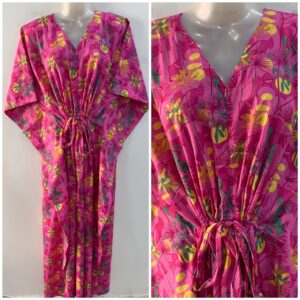 Pink Shade Yellow Aquatic Flower Print Cotton Maternity Nursing Kaftan