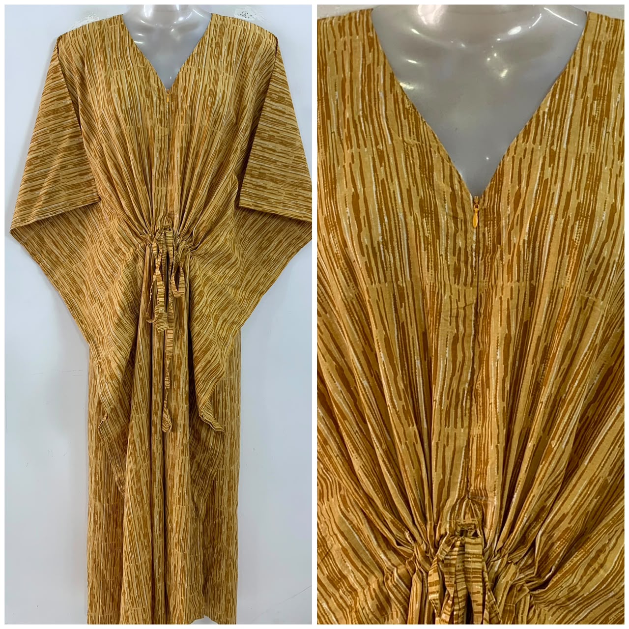 Mustard Brown Shaded Lining Print Cotton Maternity Nursing Kaftan