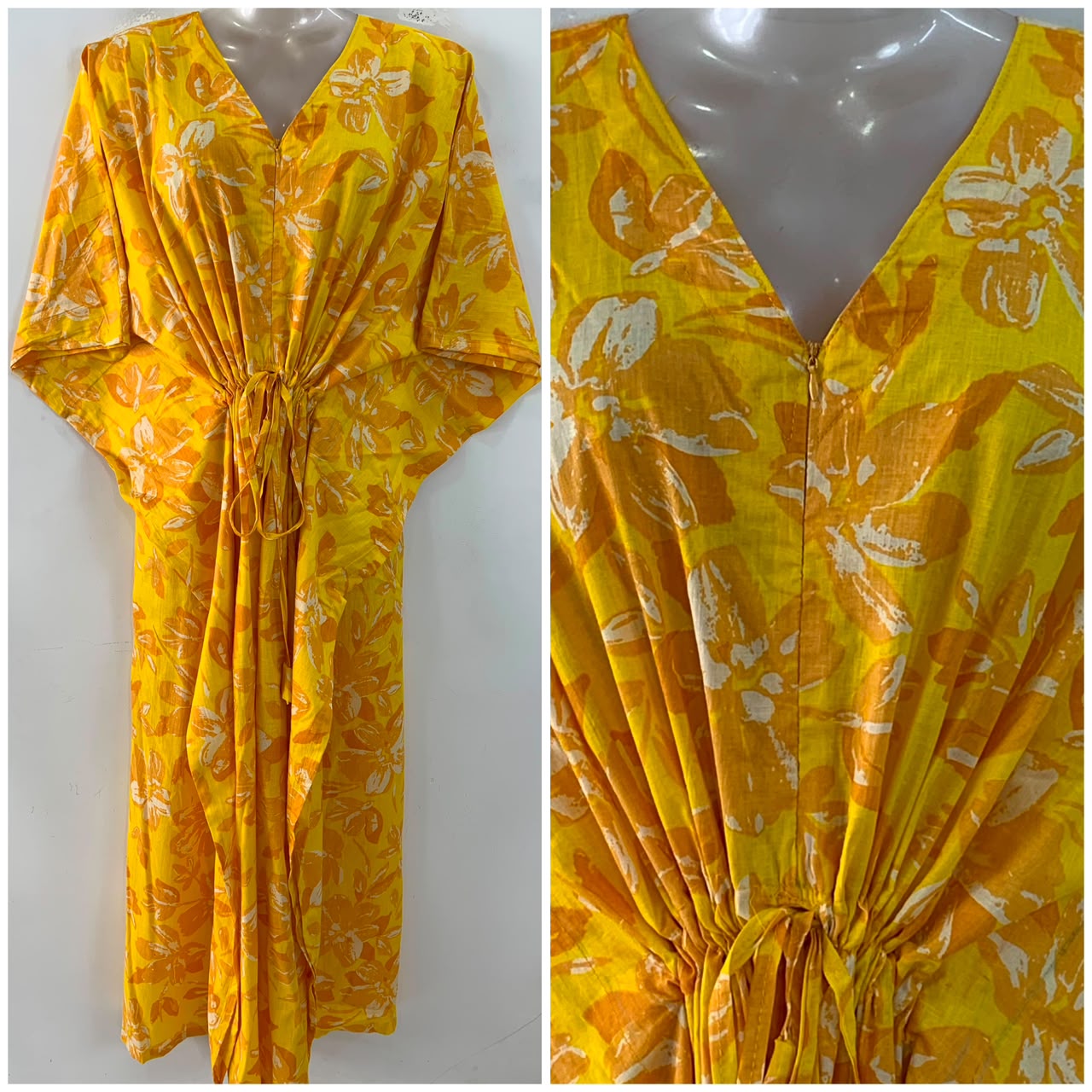Yellow shade Brown Painted Flower Print Cotton Maternity Nursing Kaftan