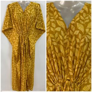 Matt Yellow Leafy Print Cotton Maternity Nursing Kaftan