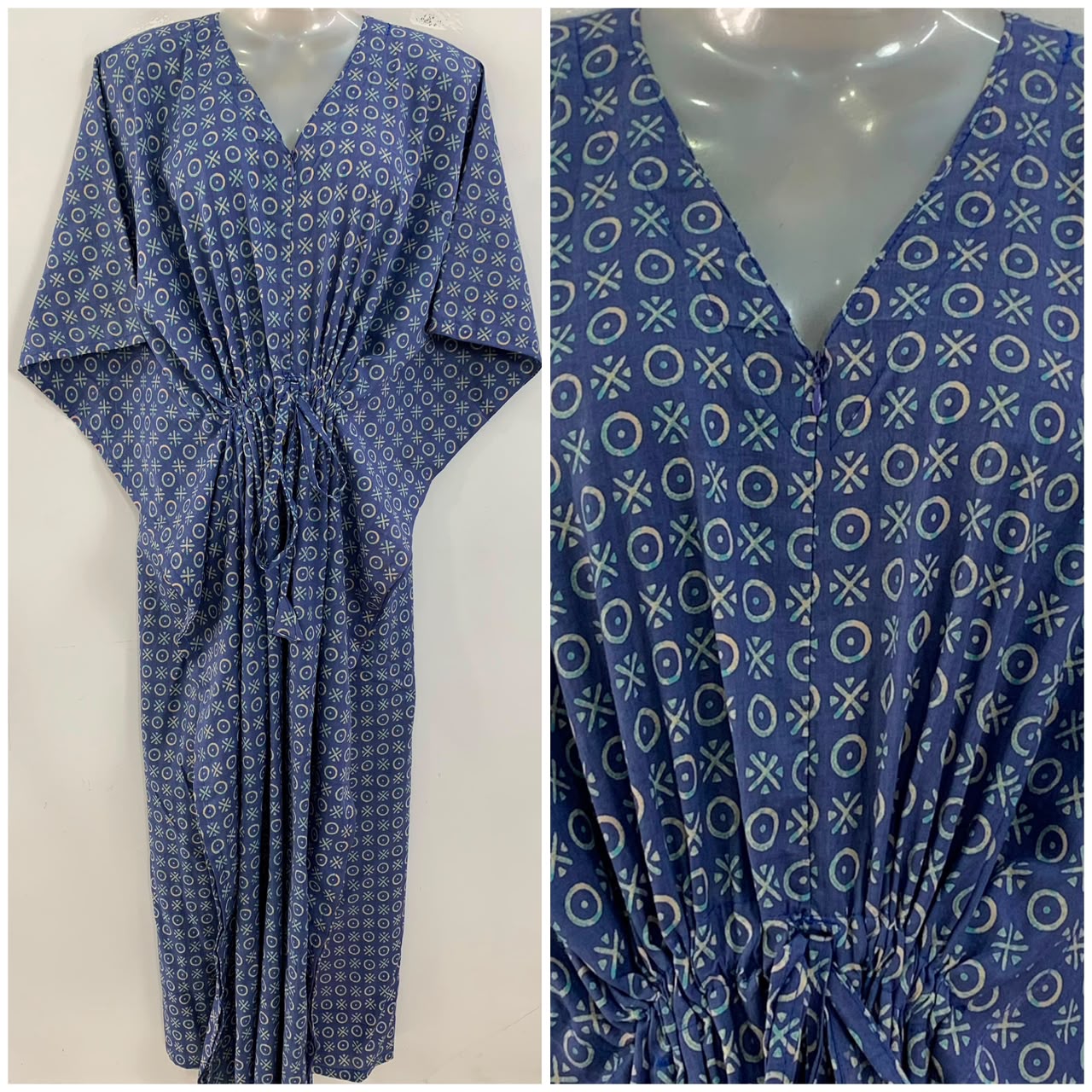 Blue shade Criss-Cross Geometrical Print Cotton Maternity Nursing Kaftan
