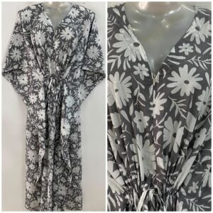 Grey shade White Daisy Flower Print Cotton Maternity Nursing Kaftan