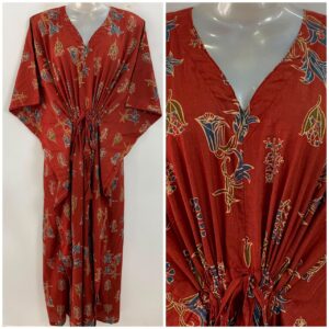 Brick Red Shade Blue Bell Flower Print Cotton Maternity Nursing Kaftan