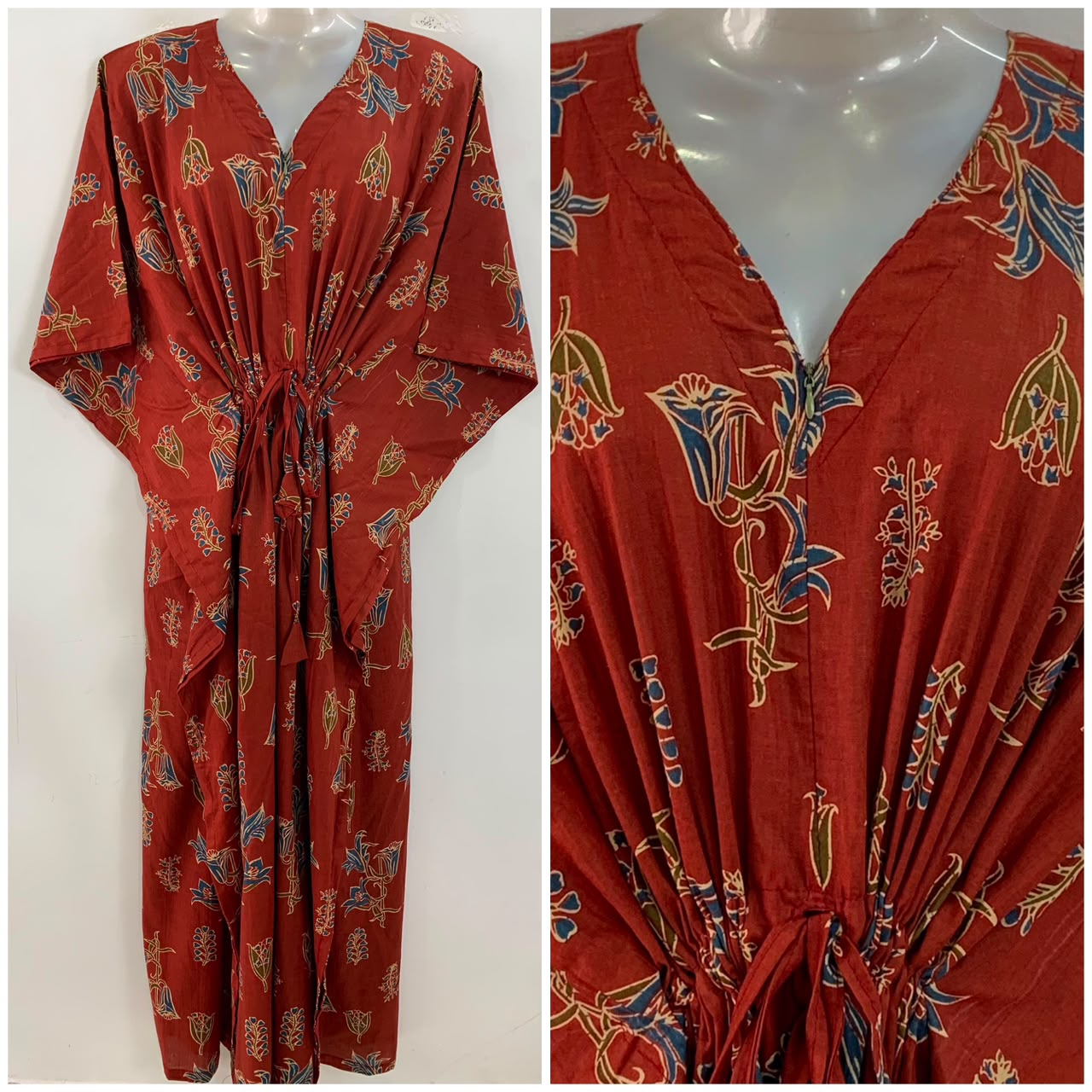 Brick Red Shade Blue Bell Flower Print Cotton Maternity Nursing Kaftan