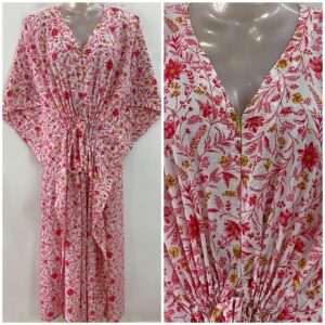 White shade Small Pink flower Bale Garden Print Cotton Maternity Nursing Kaftan