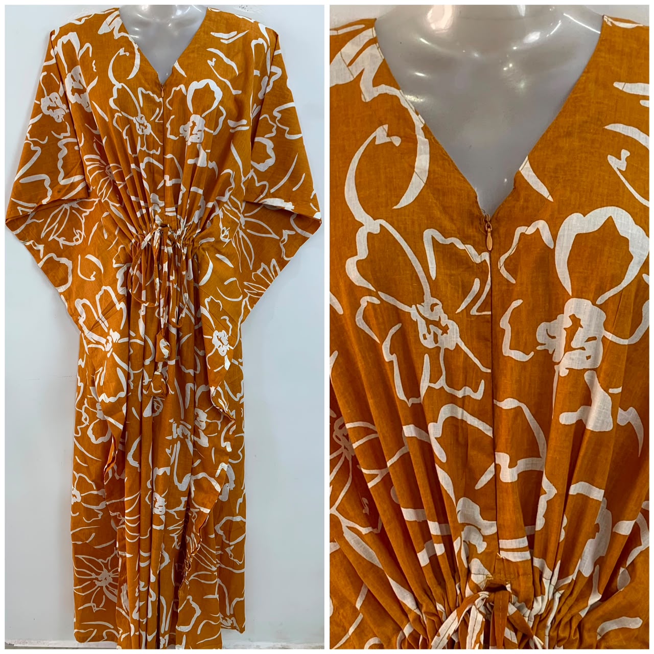 Mustard Brown shade Big Flower Outliner Print Cotton Maternity Nursing Kaftan