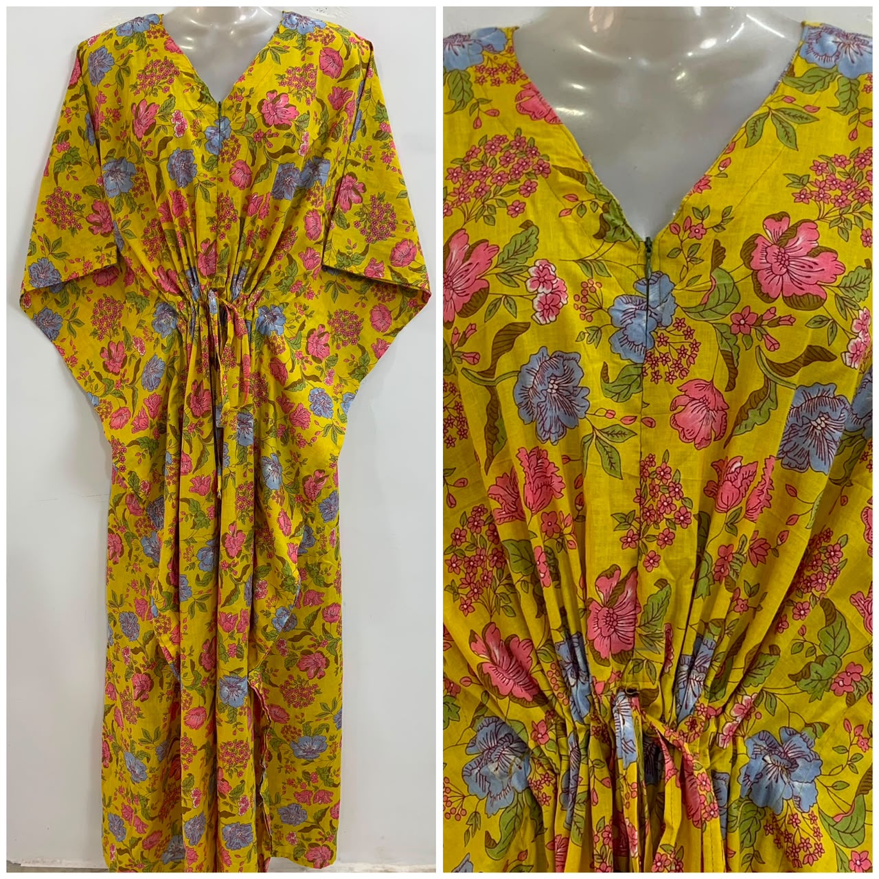 Yellow shade beautiful flower Garden Print Cotton Maternity Nursing Kaftan