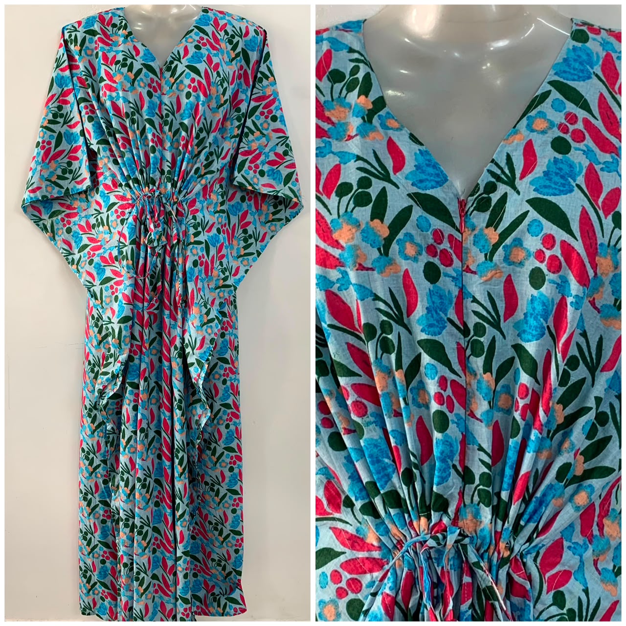 Light Blue shade Cherry Blossom Flower Print Cotton Maternity Nursing Kaftan