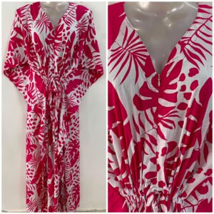 White shade Pink Monstera Leafy Print Cotton Maternity Nursing Kaftan