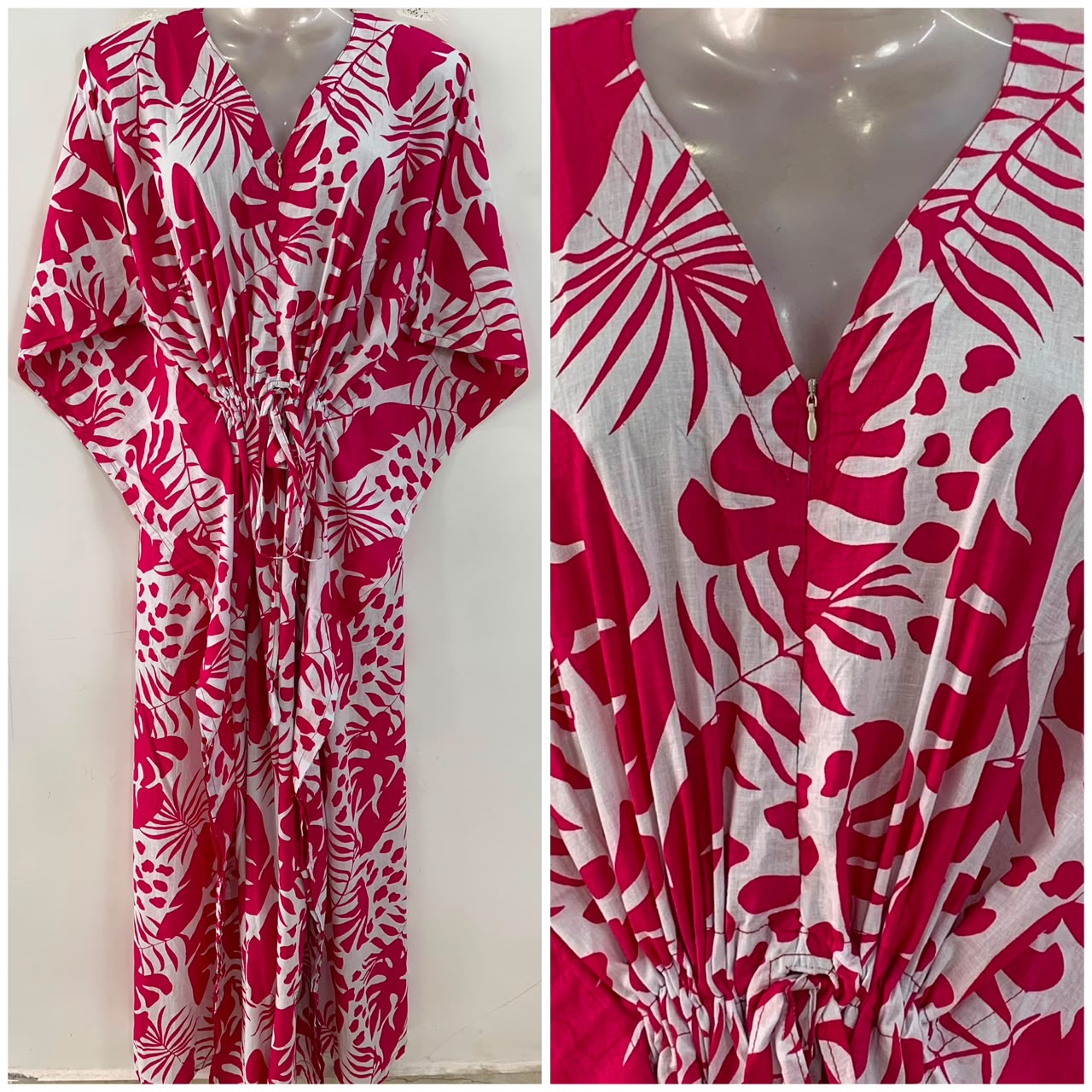 White shade Pink Monstera Leafy Print Cotton Maternity Nursing Kaftan