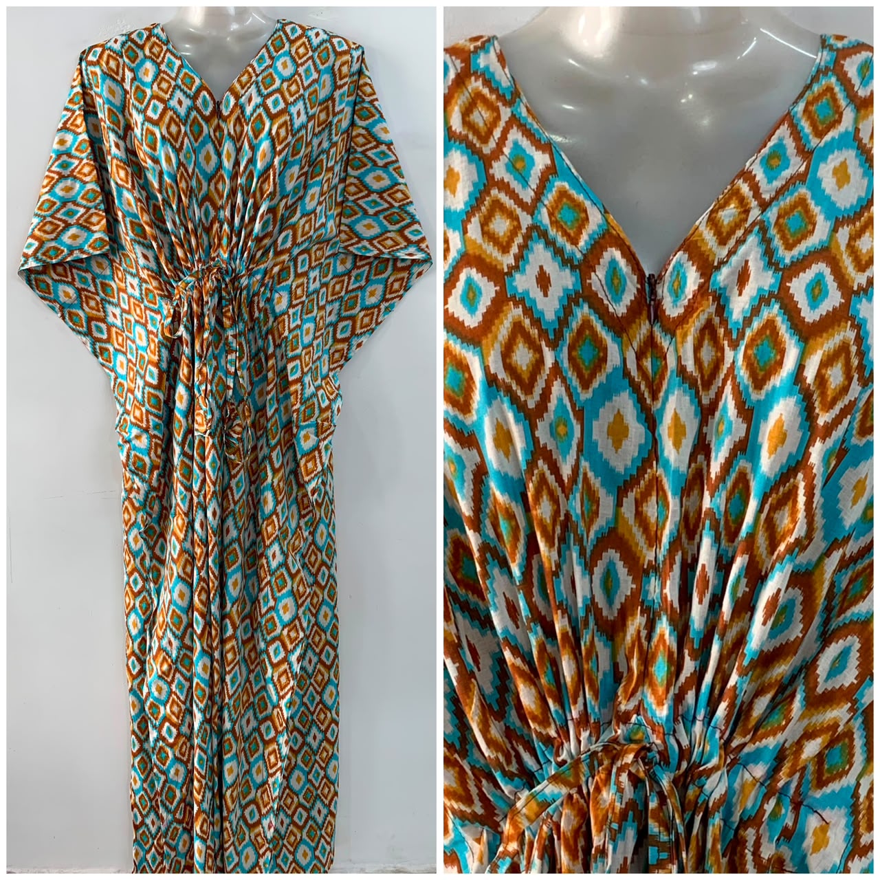 Blue-Yellow Ikkat Print Cotton Maternity Nursing Kaftan