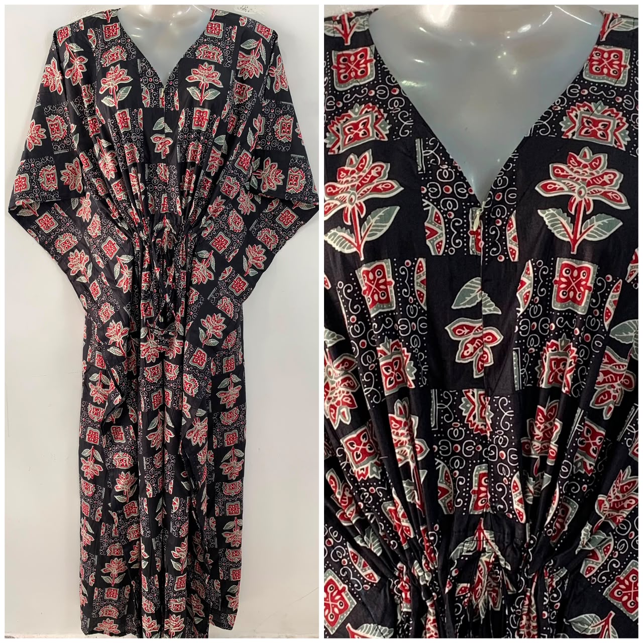Black Shade Block Flower Print Cotton Maternity Nursing Kaftan